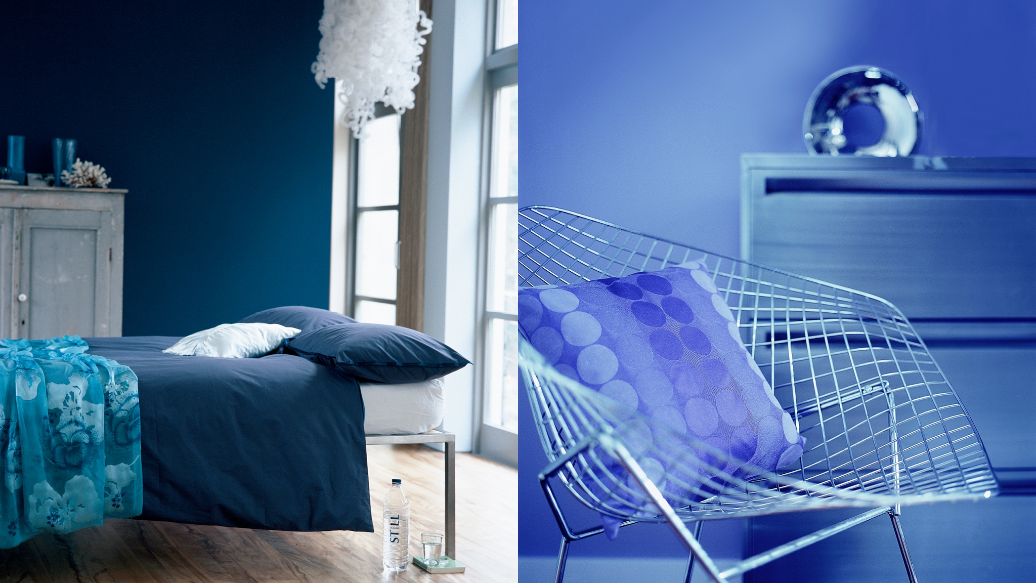 从夜晚的星空汲取灵感，将墙壁粉刷成深蓝色，打造感性而神秘同时又很温馨舒适的卧室空间，令人无限向往。