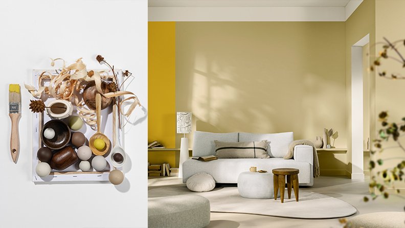 左侧：油画框中盛装着石头和木屑之类的自然材料 右侧：用一条金盏黄色块装点墙面的大地色客厅