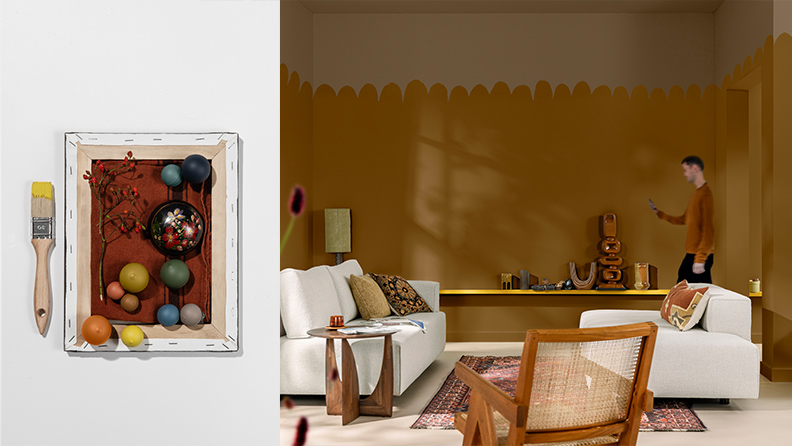 左侧：油画框中盛装着若干彩球以及来自世界各地的特色物产 右侧：在以棕色墙面和白色沙发装点的客厅内，一位男孩行走其间。