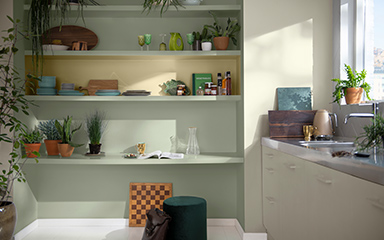 Kitchen with green and straw yellow shelving