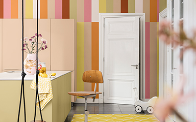 Kitchen with colourful striped wall