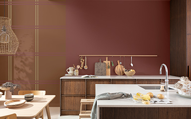 bedroom with warm neutral walls and a checkerboard pattern and door